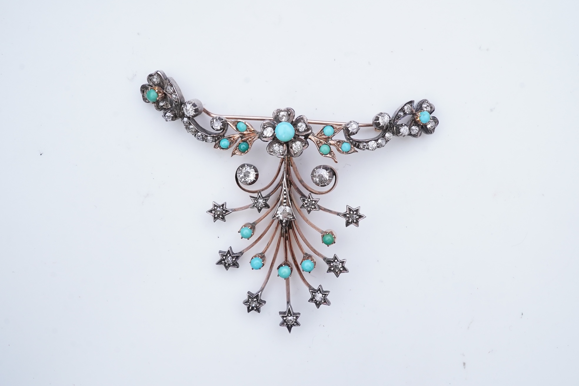 A Victorian turquoise and diamond brooch, 19th century composite